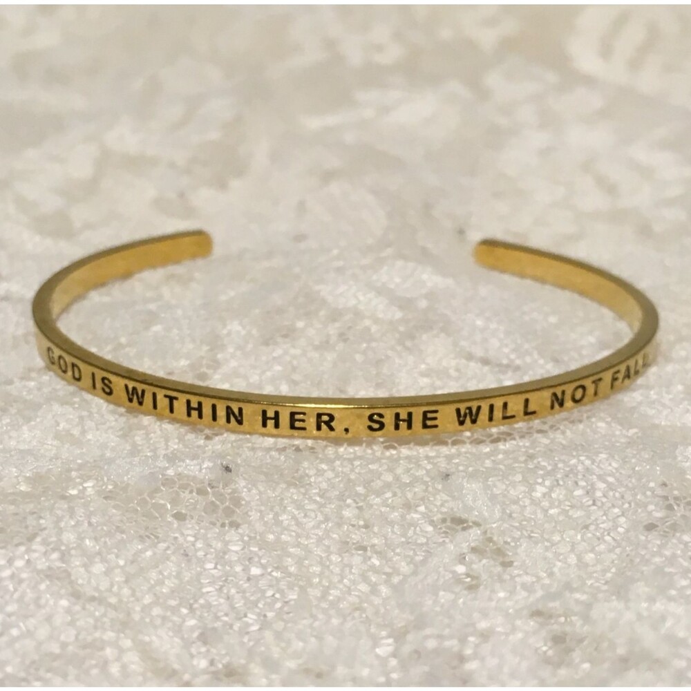 Inspirational Christian Quote Cuff Bracelet Thin Gold Tone Elegant Minimalist